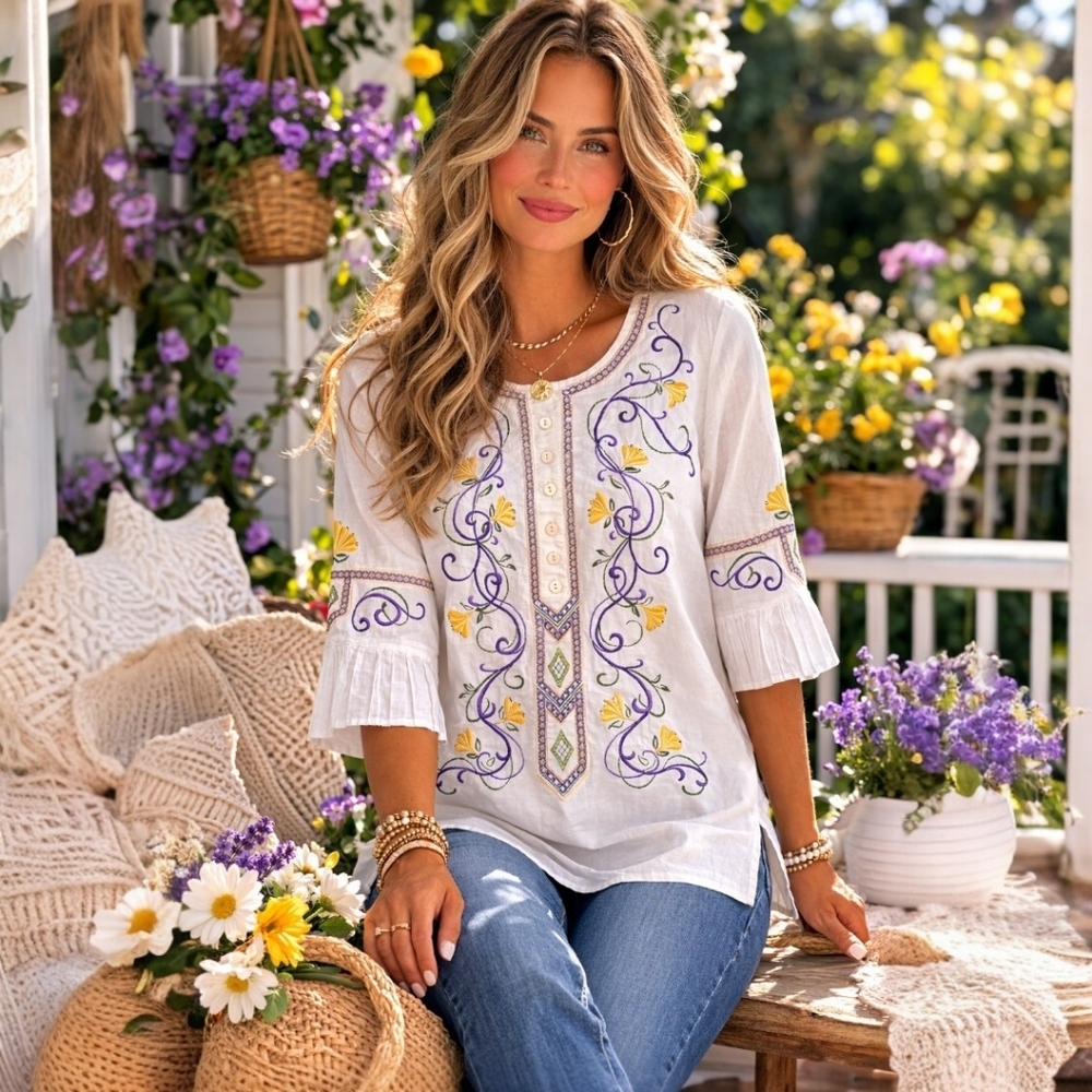 Multiples Embroidered Boho Tunic Top Small Cotton 3/4 Sleeve Button Lightweight